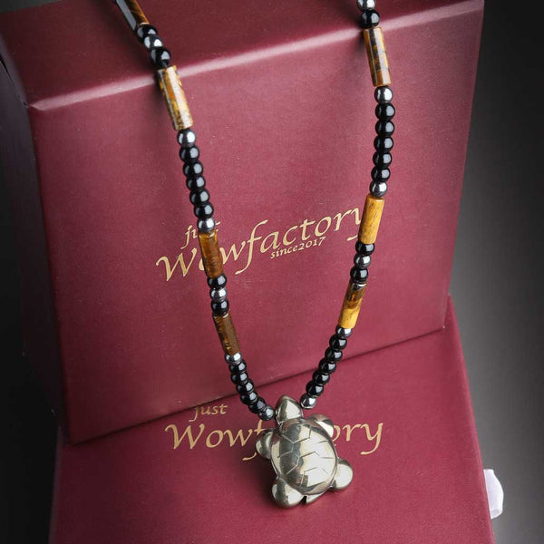 JWF Slow and Steady Wins The Race Tortoise Pyrite Pendant Tiger Eye Necklace